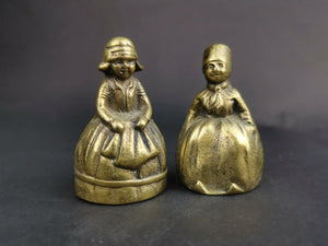 Antique Vintage Hand Bells Dutch Boy and Girl Couple Figurine Pair Set of 2 Solid Brass Early 1900's Original