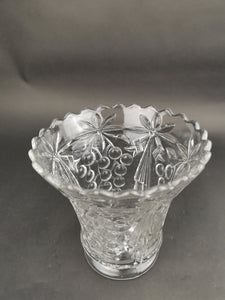 Vintage Glass Flower Vase with Bunches of Grapes Ribbons and Scalloped Edge Pressed Clear Crystal Glass 1940's - 1950's