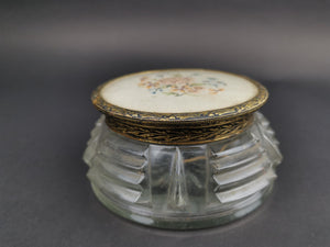 Vintage Powder Jar Vanity or Jewelry Box Clear Glass Gold Brass Lid with Hand Stitched Petit Pointe Needlepoint Flowers Art Deco 1920's