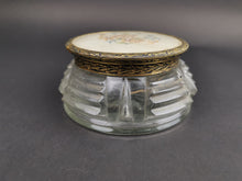 Load image into Gallery viewer, Vintage Powder Jar Vanity or Jewelry Box Clear Glass Gold Brass Lid with Hand Stitched Petit Pointe Needlepoint Flowers Art Deco 1920&#39;s
