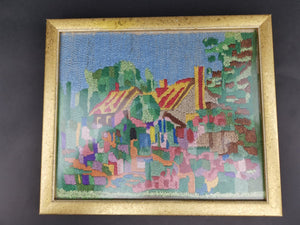 Vintage Abstract Cottage and Garden Needlepoint Embroidery Landscape Fully Hand Embroidered Needle Point Hand Made 1940's Multicolored