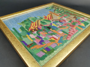 Vintage Abstract Cottage and Garden Needlepoint Embroidery Landscape Fully Hand Embroidered Needle Point Hand Made 1940's Multicolored