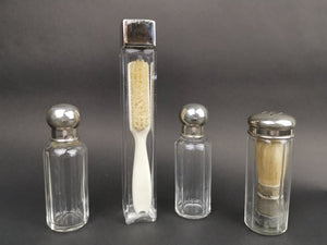 Antique Traveling Travel Bottles Toiletry Set Glass and Silver Metal with Moustache and Shaving Brush Inside Victorian Edwardian 1800 - 1900