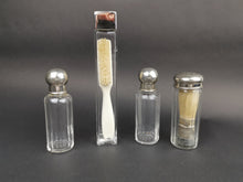 Load image into Gallery viewer, Antique Traveling Travel Bottles Toiletry Set Glass and Silver Metal with Moustache and Shaving Brush Inside Victorian Edwardian 1800 - 1900
