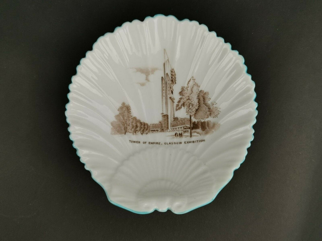 Vintage Shelley Scallop Dish Bowl Porcelain Glasgow Exhibition Tower of Empire Souvenir 1938 White Blue and Brown
