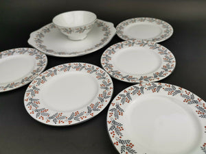 Vintage Royal Albert Rowan Design Bone China Plates Platter and Bowl Tableware Serving Set Art Deco 1930's Original White Red and Black