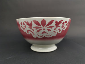 Antique French Ceramic Pottery Bowl White and Cranberry Pink Early 1900's Vintage