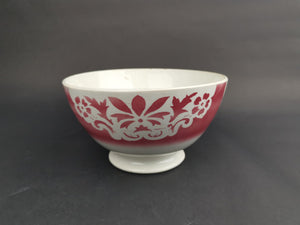 Antique French Ceramic Pottery Bowl White and Cranberry Pink Early 1900's Vintage