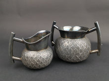 Load image into Gallery viewer, Vintage Sugar Bowl and Milk Jug Cream Pitcher Creamer Set Scottish Thistle Silver Plated Late 1800&#39;s - Early 1900&#39;s  Original

