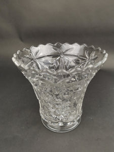 Vintage Glass Flower Vase with Bunches of Grapes Ribbons and Scalloped Edge Pressed Clear Crystal Glass 1940's - 1950's