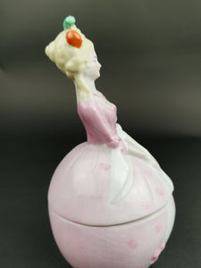 Antique Jewelry Ring or Trinket Box Ceramic Porcelain Victorian Crinoline Lady Figurine Novelty Hand Painted Bisque Late 1800's Original