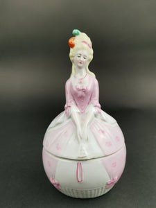 Antique Jewelry Ring or Trinket Box Ceramic Porcelain Victorian Crinoline Lady Figurine Novelty Hand Painted Bisque Late 1800's Original