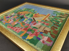Load image into Gallery viewer, Vintage Abstract Cottage and Garden Needlepoint Embroidery Landscape Fully Hand Embroidered Needle Point Hand Made 1940&#39;s Multicolored
