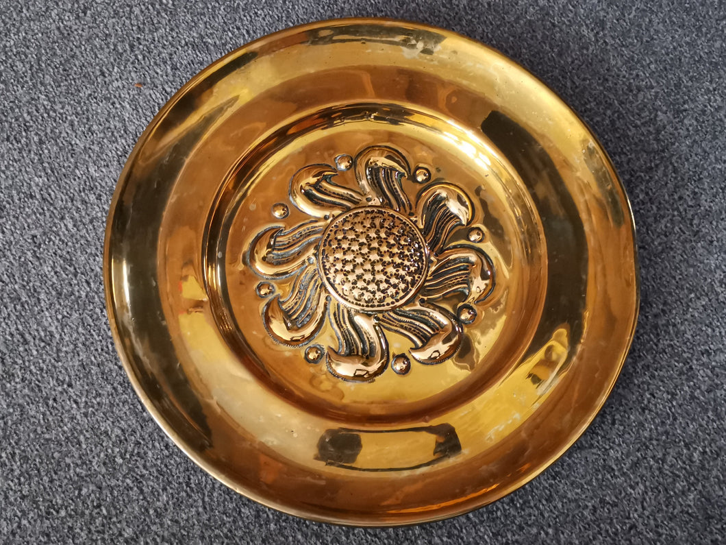 Antique Alms Church Offering Dish Plate Charger Platter Hand Forged Hammered Brass Bronze Metal with Relief Late 1600's  17th Century