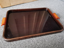 Load image into Gallery viewer, Vintage Art Deco Serving Tray Wood and Plastic with Amber Phenolic Bakelite Side Handles 1920&#39;s - 1930&#39;s
