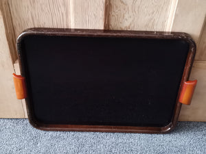 Vintage Art Deco Serving Tray Wood and Plastic with Amber Phenolic Bakelite Side Handles 1920's - 1930's
