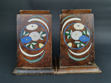 Load image into Gallery viewer, Vintage Art Deco Bookends Set Pair of 2 Wooden with Blue and White Hand Painted Flowers 1920&#39;s Wood Original
