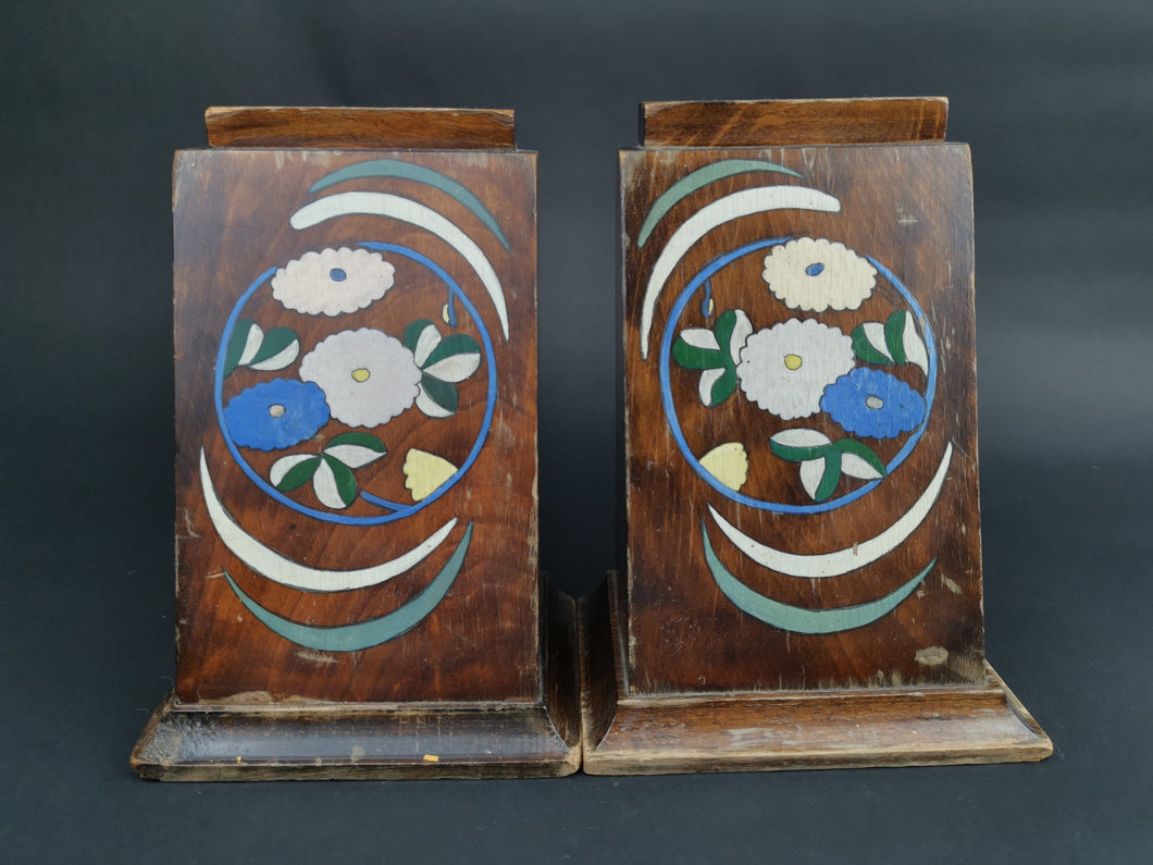 Vintage Art Deco Bookends Set Pair of 2 Wooden with Blue and White Hand Painted Flowers 1920's Wood Original