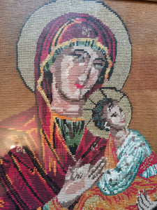Antique Virgin Mary and Baby Jesus Needlepoint Embroidery Tapestry Hand Made Stitched Framed in Gold Gilt Frame Wall Art Hanging Original