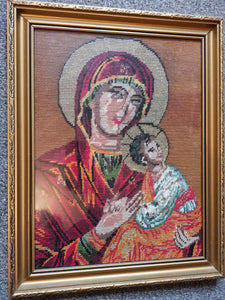 Antique Virgin Mary and Baby Jesus Needlepoint Embroidery Tapestry Hand Made Stitched Framed in Gold Gilt Frame Wall Art Hanging Original