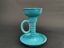 Load image into Gallery viewer, Antique Ceramic Pottery Chamberstick Candlestick Candle Holder Turquoise Blue Willie Winkie Victorian 1800&#39;s Original with Side Handle
