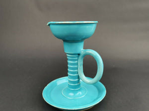 Antique Ceramic Pottery Chamberstick Candlestick Candle Holder Turquoise Blue Willie Winkie Victorian 1800's Original with Side Handle