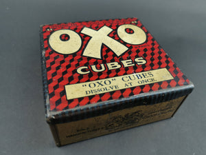 Antique OXO Cubes Tin Box Metal Storage Early 1900's Original Red Black and White Checked Hinged Store Display