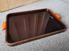 Load image into Gallery viewer, Vintage Art Deco Serving Tray Wood and Plastic with Amber Phenolic Bakelite Side Handles 1920&#39;s - 1930&#39;s
