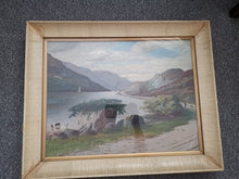Load image into Gallery viewer, Antique Oil Painting of Scottish Highlands Scotland Landscape Loch and Mountains with Cattle Cows Boy Dog Signed A.K. King and Dated 1894

