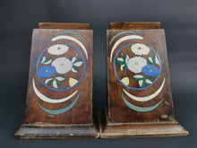 Load image into Gallery viewer, Vintage Art Deco Bookends Set Pair of 2 Wooden with Blue and White Hand Painted Flowers 1920&#39;s Wood Original
