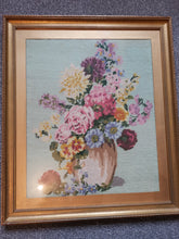 Load image into Gallery viewer, Antique Needlepoint Tapestry of Still Life Flowers in Vase in Gold Gilt Frame Framed Original Hand Made Art Vintage

