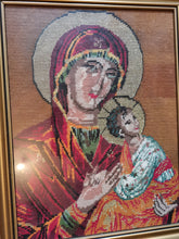 Load image into Gallery viewer, Antique Virgin Mary and Baby Jesus Needlepoint Embroidery Tapestry Hand Made Stitched Framed in Gold Gilt Frame Wall Art Hanging Original
