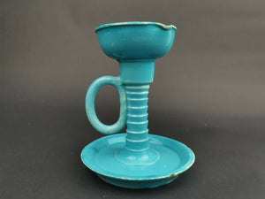 Antique Ceramic Pottery Chamberstick Candlestick Candle Holder Turquoise Blue Willie Winkie Victorian 1800's Original with Side Handle