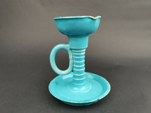 Load image into Gallery viewer, Antique Ceramic Pottery Chamberstick Candlestick Candle Holder Turquoise Blue Willie Winkie Victorian 1800&#39;s Original with Side Handle
