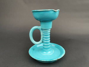 Antique Ceramic Pottery Chamberstick Candlestick Candle Holder Turquoise Blue Willie Winkie Victorian 1800's Original with Side Handle