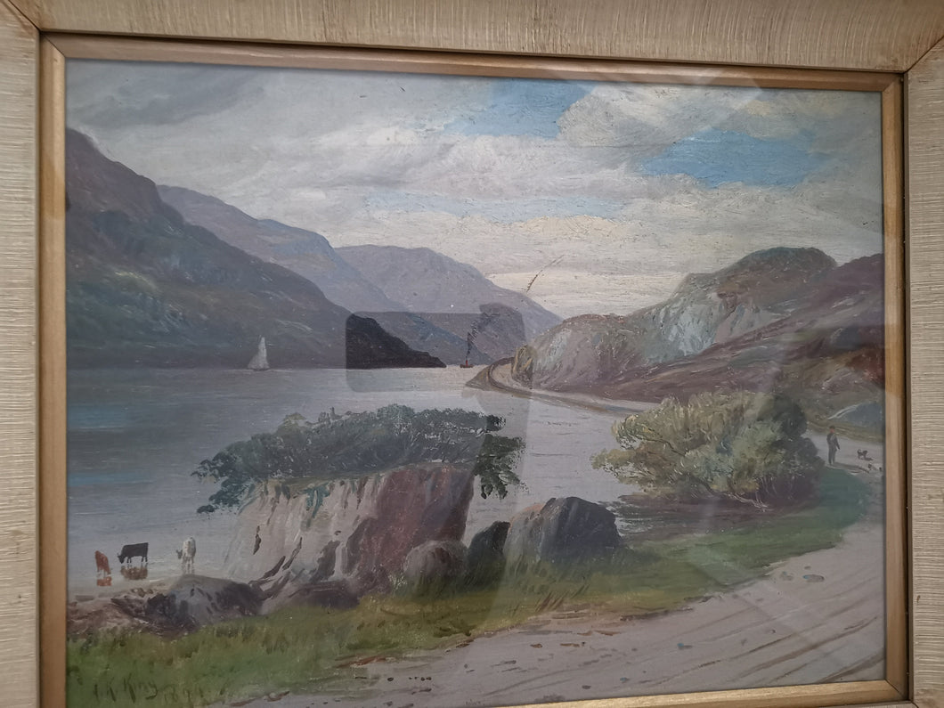 Antique Oil Painting of Scottish Highlands Scotland Landscape Loch and Mountains with Cattle Cows Boy Dog Signed A.K. King and Dated 1894