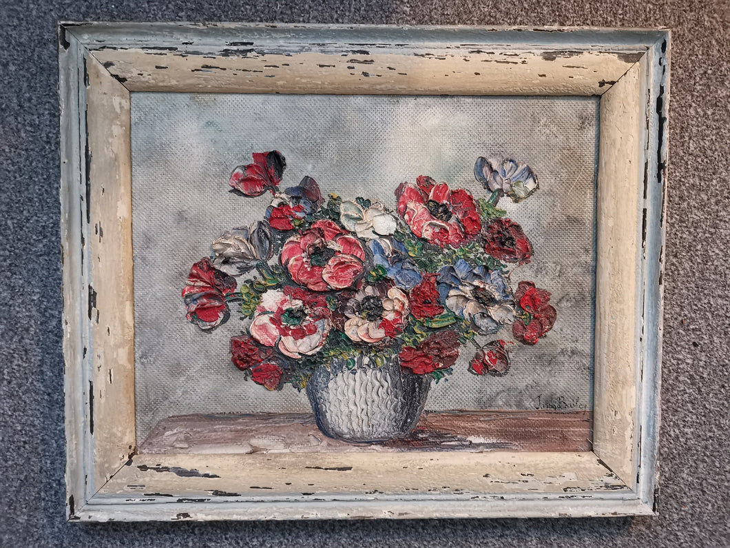 Vintage Flower in Vase Painting on Board in Original Frame Still Life Art 1930's - 1940's Signed by Artist J Bailey Framed