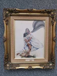 Vintage Rolling A Cigar Ada Peacock Lady Art Print Framed in Original Frame Tobacco Collectible