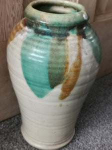 Antique Stoneware Ceramic Pottery Vase Large Late 1800's - Early 1900's Original Beige with Brown and Green Glaze Hand Made Rustic