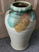 Load image into Gallery viewer, Antique Stoneware Ceramic Pottery Vase Large Late 1800&#39;s - Early 1900&#39;s Original Beige with Brown and Green Glaze Hand Made Rustic
