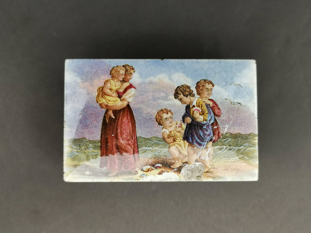 Antique Trinket Jewelry or Patch Box Painted Ceramic Porcelain with Portrait Painting on Top Nautical with Children Victorian 1800's