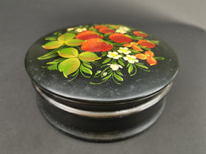 Vintage Russian Tin Metal Box with Hand Painted Strawberries Toleware Original Art Painting Round