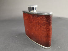 Load image into Gallery viewer, Vintage Hip Flask Bottle Brown Leather Montana Calf Skin and Silver Chrome Metal 1950&#39;s Mid Century Made in England 4oz
