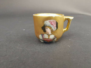 Antique Miniature Ceramic Teacup Tea Cup with Lady Painting Original Art Hand Painted Victorian Gold 1800's Dolls House Porcelain