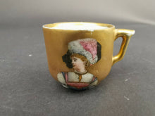 Load image into Gallery viewer, Antique Miniature Ceramic Teacup Tea Cup with Lady Painting Original Art Hand Painted Victorian Gold 1800&#39;s Dolls House Porcelain
