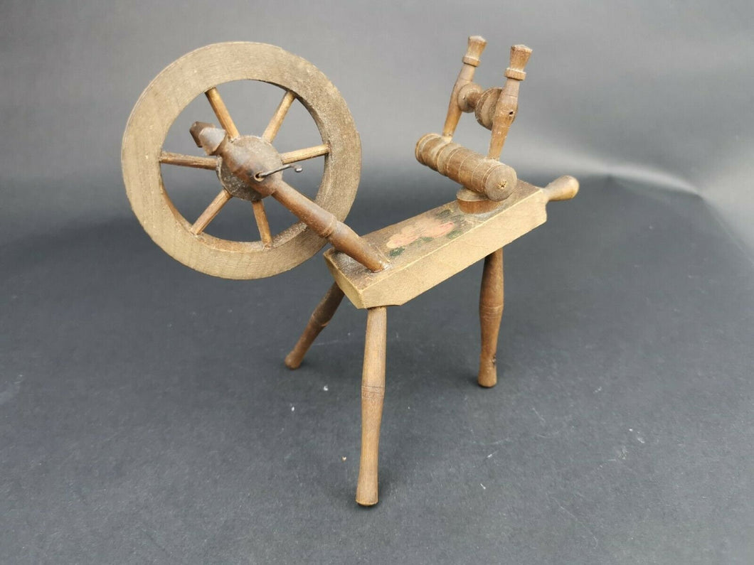 Antique Miniature Spinning Wheel Working Primitive Wooden Victorian Doll House Furniture Decoration Late 1800's