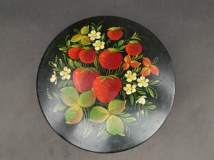 Vintage Russian Tin Metal Box with Hand Painted Strawberries Toleware Original Art Painting Round