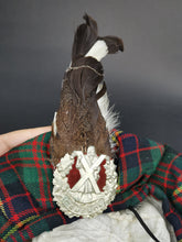 Load image into Gallery viewer, Vintage Tam O&#39;Shanter Hat Scottish Wool Tartan with Cameron Family Crest Badge Brooch Pin and Grouse Feathers 1930&#39;s Made in Scotland
