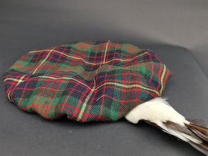 Vintage Tam O'Shanter Hat Scottish Wool Tartan with Cameron Family Crest Badge Brooch Pin and Grouse Feathers 1930's Made in Scotland
