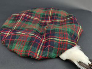 Vintage Tam O'Shanter Hat Scottish Wool Tartan with Cameron Family Crest Badge Brooch Pin and Grouse Feathers 1930's Made in Scotland
